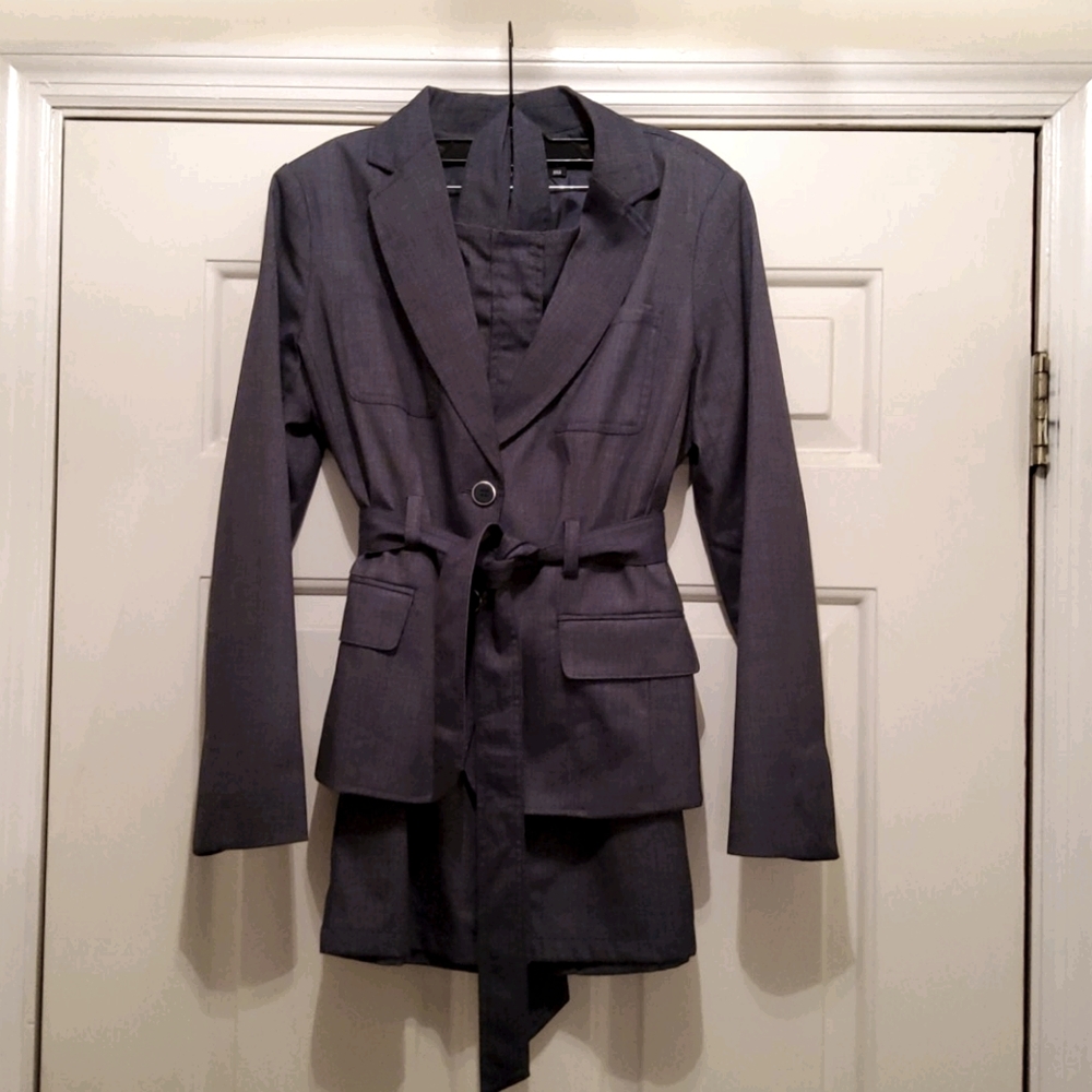 New York and Company Belted Navy Blue Skirt Suit
